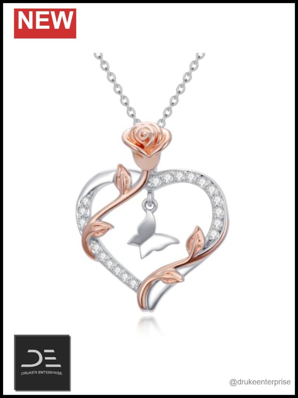 Rose Butterfly Pendant Necklace White Plated Rose Gold Plated Zircon